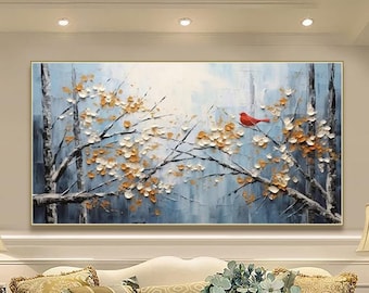 Pintura al óleo original de pájaro y flor, pájaro floral pintado a mano, lienzo de textura pesada, obra de arte, decoración de pared, arte de pared para sala de estar, decoración de primavera