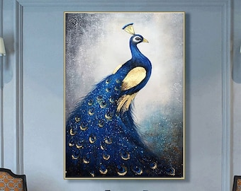 Groot pauw-olieverfschilderij op canvas abstract geel/gouden kunstwerk Boho muur decor Home decor slaapkamer kunst, vogel schilderij vintage muurkunst