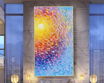 Pintura al óleo original grande sobre lienzo, Pintura con cuchillo del amanecer, Arte de pared de sala de estar, Pintura de empaste de textura pesada pintada a mano, Arte paisajístico