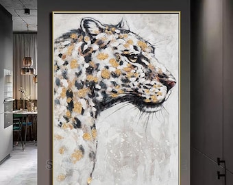 Gran pintura al óleo original del retrato del leopardo sobre lienzo, arte de la pared del lienzo, pintura de animales salvajes, pintura personalizada, decoración del hogar de la sala de estar