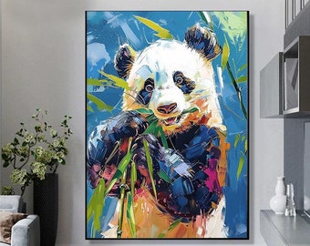 Pintura al óleo original de panda pintada a mano sobre lienzo, arte de pared grande, pintura colorida de arte de pared de animales, pintura personalizada, decoración de la pared de la sala de estar