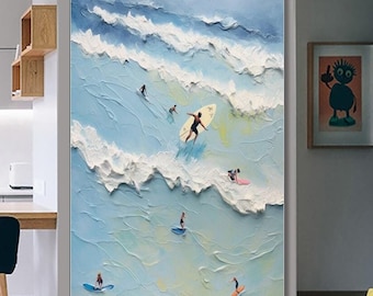 Arte mural de surf original, pintura de paisaje oceánico sobre lienzo, decoración de surf, pintura de olas, pintura de surf, regalos personalizados para surfistas, arte de surf