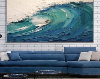 Tabla de surf lienzo arte colorido surf decoración playa escena pintura sobre lienzo océano ola arte vibrante tablas de surf arte de la pared Aqua Marine decoración costera