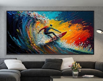 Arte de pared de surf original, colorida pintura de olas del océano sobre lienzo, decoración de surf, pintura de olas, pintura de surf, arte de surf, regalos personalizados