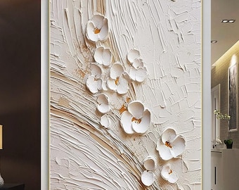 Pintura al óleo 3D de flores sobre lienzo, pintura al óleo original de flores, arte mural grande, pintura con espátula, pintura acrílica texturizada, arte hecho a mano