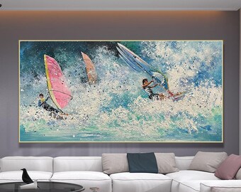 Tabla de surf lienzo arte colorido surf decoración playa escena pintura sobre lienzo océano ola arte vibrante tablas de surf arte de la pared Aqua Marine decoración costera