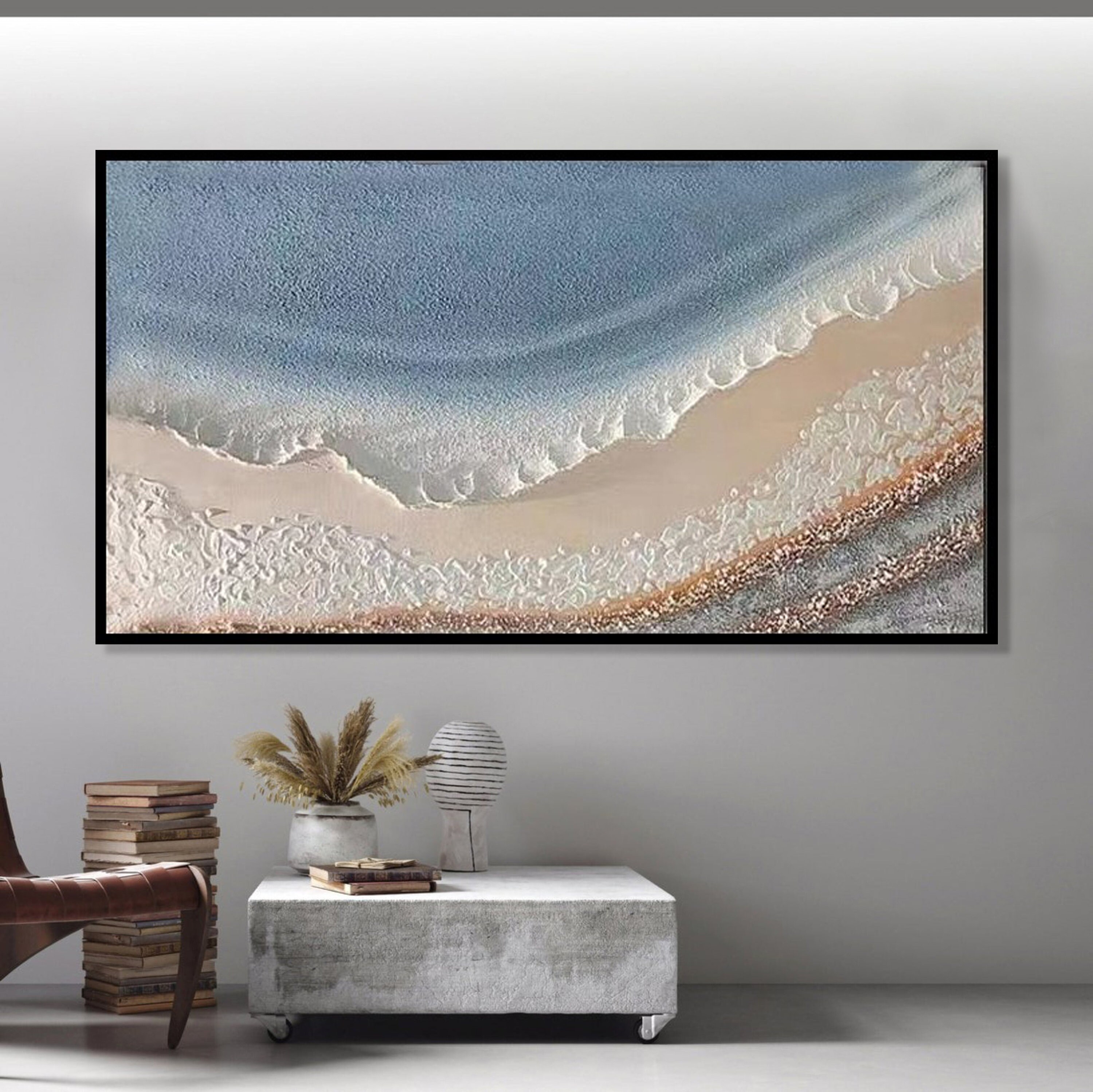 3D Minimalist Ocean Painting on Canvas Textured Wall Art Blue Waves Art ...