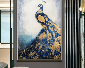 Gold Vintage Peacock Paitning on Canvas,Gold Foil Painting ,Large luxurious Art PIanting for Hotel,Elegant Bird   Decor Peacock Wall Art