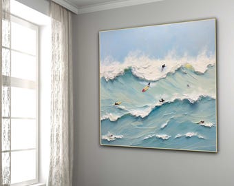Pintura al óleo original de paisaje de surf sobre lienzo, arte de pared grande, pintura abstracta de olas del océano, pintura de paisaje marino personalizada, decoración de sala de estar