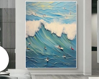 Pintura al óleo náutica original sobre lienzo, pintura de surf, pintura de olas del océano, arte de velero, decoración del océano, decoración minimalista para sala de estar, regalo