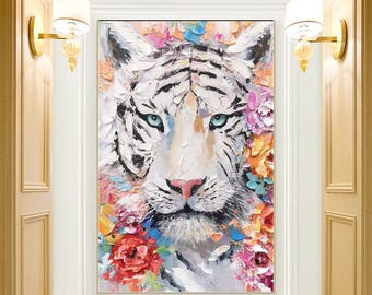Pintura al óleo de animales salvajes grandes sobre lienzo, flores coloridas con Tigerr, pintura de paisaje de jungla, pintura de dormitorio, decoración de verano