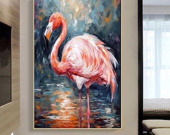 Pintura original de flamenco rosa sobre lienzo, arte de pared grande, pintura personalizada, arte de pared de flamenco, arte de pared hecho a mano, pintura acrílica