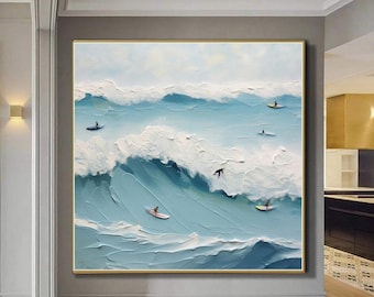 Tabla de surf lienzo arte colorido surf decoración playa escena pintura sobre lienzo océano ola arte vibrante tablas de surf arte de la pared Aqua Marine decoración costera