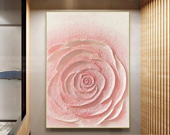 Arte de pared con textura de flor ROSA abstracta, pintura floral floreciente sobre lienzo, regalo para ella, arte de pared de sala de estar, arte de pared ROSA