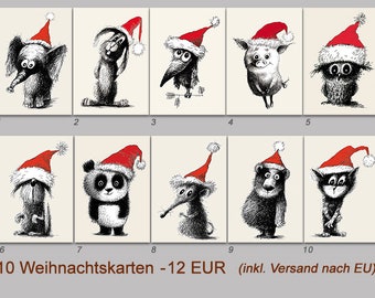 Weihnachtskarten 10er Set / Lustige Tiere. WEIHNACHTS-TIERE.