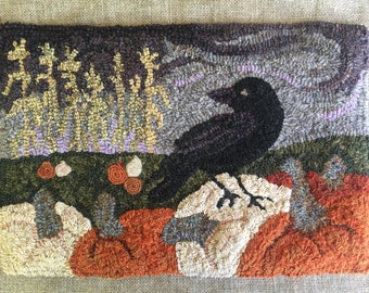Pumpkin Patch Hooked Rug with Crow, Fall Decor (12" x 18")