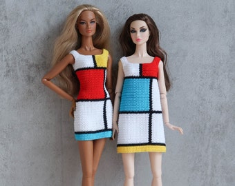 Pre-Order Mondrian dress for 12" Fashion doll, Mod dress, Abstract patterned dress, Clothes for Fashion Royalty, Barb doll