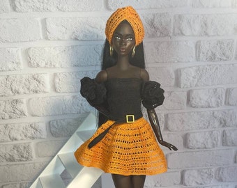 Orange set skirt and headband for MTM Barb, Outfit for 12" doll, Clothes for 1:6 fashion dolls