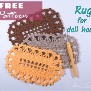 May include: Three crocheted rugs in brown, beige, and yellow, with a crochet hook on a white surface. The text "FREE Pattern" is in the top left corner and "Rug for doll house" is in the top right corner.