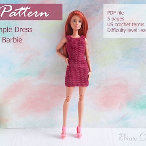 Könnte beinhalten: Ein Häkelmuster für ein einfaches Kleid für eine Barbie-Puppe. Das Muster ist eine PDF-Datei mit 5 Seiten und verwendet US-Häkelbegriffe. Der Schwierigkeitsgrad ist einfach.