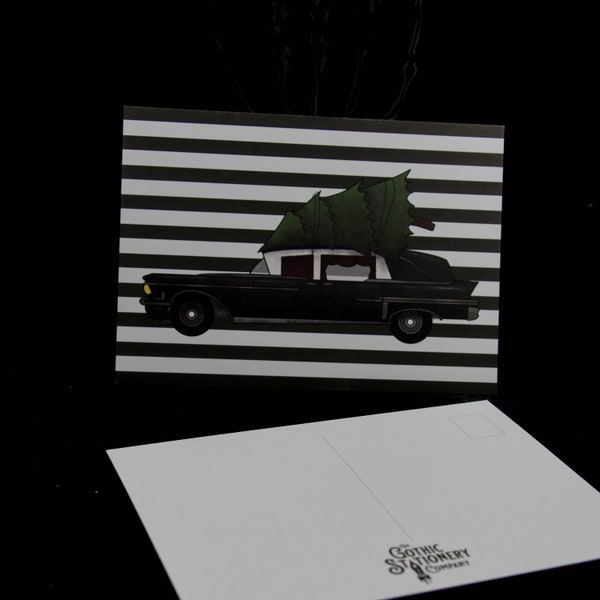 Christmas Hearse Postcard | Whimsical Gothic Christmas & Dark Holiday Greeting | Eerie Xmas Scene for a Spooky Yuletide | Alternative Card
