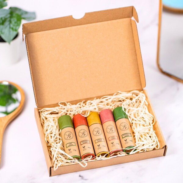 Natural Organic Lip Balm Set - 11g Paper Tubes - 5 Scents - Vegan Zero Waste Lip Balm - Personalised