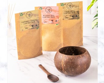 Coffret cadeau de masque facial à l’argile naturelle - Masques à l’argile bentonite végétaliens et sans cruauté + Bol à mélanger en coquille de noix de coco - Masques faciaux à l’argile sans plastique