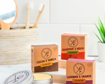 Barra de loción sólida natural de 55 g – Barra de masaje corporal hidratante, vegana y sin plástico, 3 aromas disponibles.