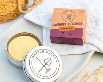 Barra de loción natural de lavanda y naranja, barra corporal sólida para masajes, vegana y sin plástico.