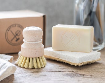 Kit de lavado ecológico: cepillo de madera para ollas y jabón lavavajillas natural vegano.