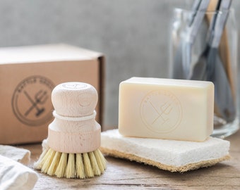 Eco Friendly Washing Up Kit - Wooden Pot Brush and Vegan Natural Dish Soap