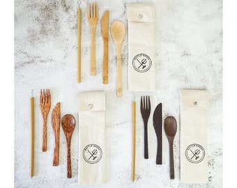 Reusable Wooden Cutlery Sets - Zero Waste Cutlery - Travel Cutlery Set with Cutlery Pouch - Picnic Cutlery - Wood Utensils