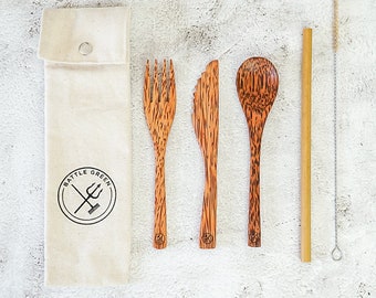 Coconut Wood Cutlery Set w/ Bamboo Straw - Zero Waste Cutlery - Travel Cutlery Set with Cutlery Pouch - Picnic Cutlery - Wood Utensils