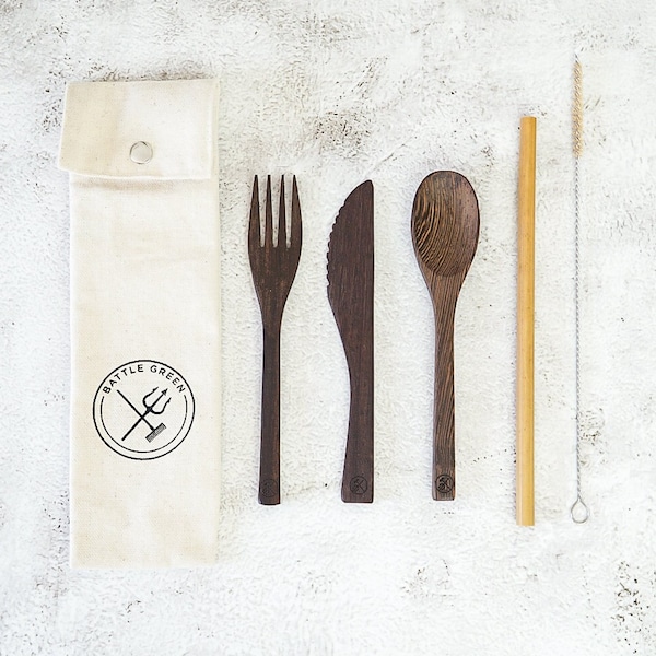 Reusable Wooden Cutlery Set w/ Bamboo Straw - Zero Waste Cutlery - Travel Cutlery Set with Cutlery Pouch - Picnic Cutlery - Wood Utensils