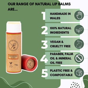 May include: A strawberry lip balm in a brown and red tube, labelled "Strawberry Lip Balm" and "Battle Green". The image highlights the product's features: handmade in Wales, 100% natural ingredients, vegan, cruelty-free, and plastic-free and compostable.