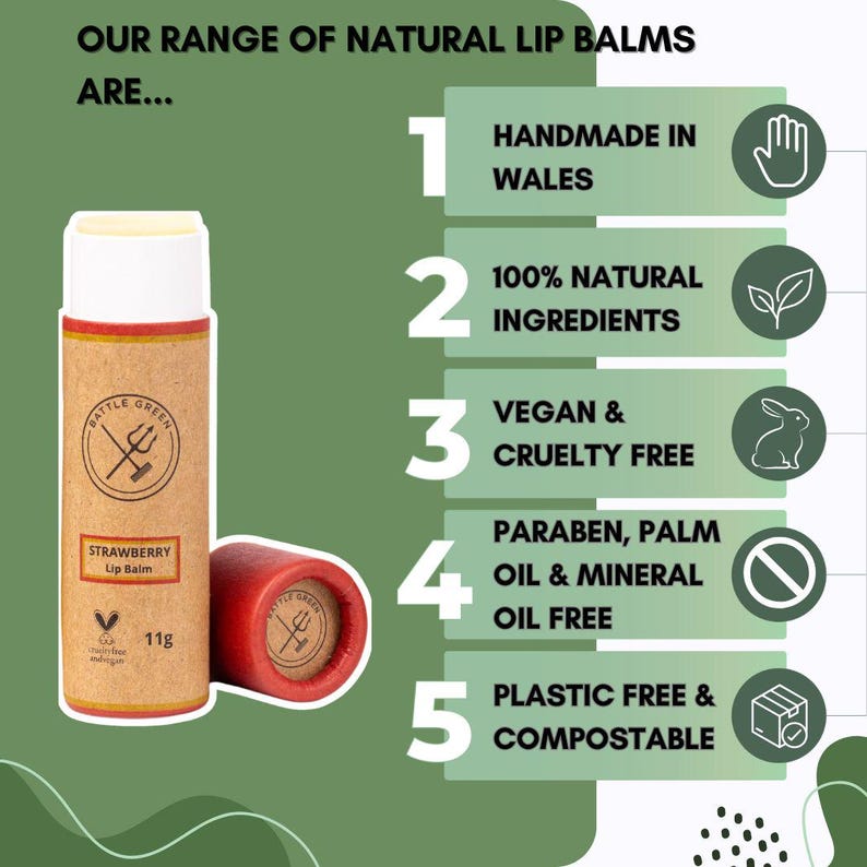 May include: A strawberry lip balm in a brown and red tube, labelled "Strawberry Lip Balm" and "Battle Green". The image highlights the product's features: handmade in Wales, 100% natural ingredients, vegan, cruelty-free, and plastic-free and compostable.