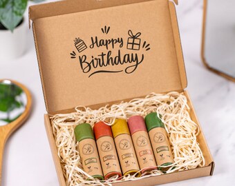 Coffret de baume à lèvres bio naturel - Joyeux anniversaire - Tubes en papier de 11 g - Tubes en papier de 11 g - 10 parfums au choix - Cadeau d'anniversaire