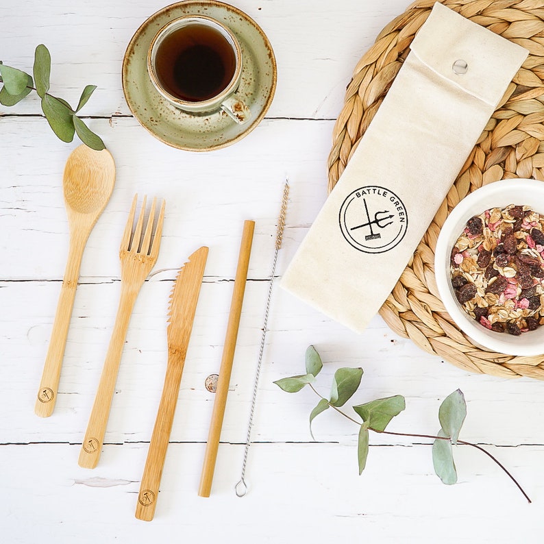 Zero Waste Kit Small Eco Friendly Plastic Free Starter Set Bamboo Cutlery Set and Shopping Bags image 4