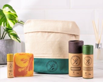 Natural Cosmetics Gift Set - Natural Vegan Deodorant and Lip Balm with Handmade Soap, Dry Shampoo Powder in an Organic Cotton Wash Bag
