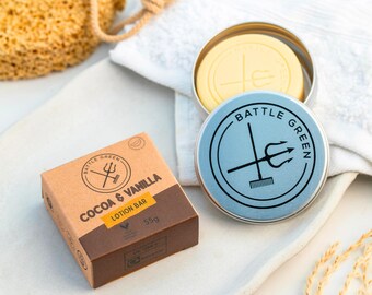 Barra de loción de cacao y vainilla natural, barra corporal sólida para masajes, vegana y sin plástico.