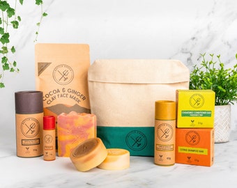 Set de regalo vegano para baño y cuidado corporal: Neceser de algodón orgánico, cosméticos naturales.