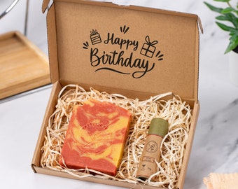 Natuurlijke zeep en lippenbalsem cadeauset - Gelukkige verjaardag - Eco-vriendelijk Veganistisch brievenbuscadeau - Verjaardagscadeau aanwezig - Zero Waste - Plasticvrij