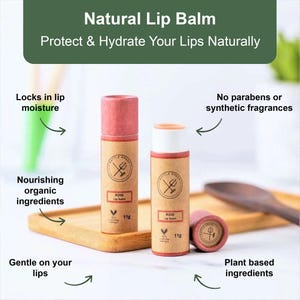 May include: Two tubes of Rose lip balm with a pink cap and a tan label, alongside a cap and a tube. The label reads "Battle Green" and "Rose Lip Balm". The text "Natural Lip Balm" and "Protect & Hydrate Your Lips Naturally" are at the top.