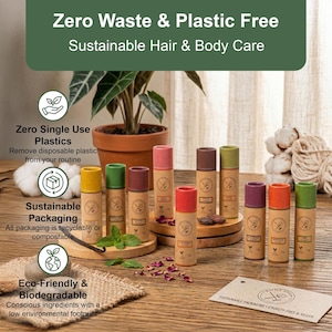 May include: A selection of sustainable hair and body care products with various coloured caps, arranged on a wooden surface. The image features text highlighting zero waste, plastic-free, and eco-friendly packaging. The products are in cylindrical containers.