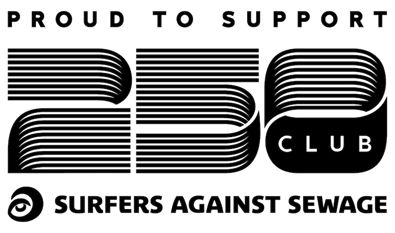 Puede incluir: Gr&aacute;fico en blanco y negro con el texto "Proud to Support 250 Club" y las palabras "Surfers Against Sewage".