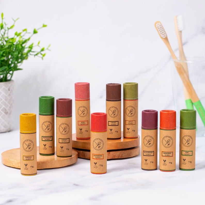 Natural Lip balms in cardboard tubes in a selection of scents, vegan friendly and hand made in the UK.