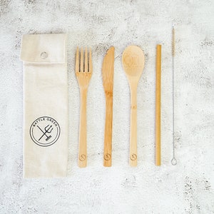 Bamboo Cutlery Set w/ Bamboo Straw and travel pouch