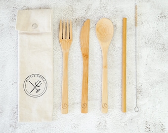 Bamboo Cutlery Set w/ Bamboo Straw -  Zero Waste Cutlery - Travel Cutlery Set with Cutlery Pouch - Picnic Cutlery - Wood Utensils