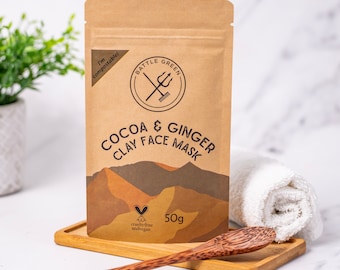 Cocoa Ginger Natural Organic Clay Face Mask 50g Sachet - Vegan and Cruelty Free Bentonite Clay Face Mask - Plastic Free Clay Facial Mask