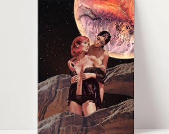 Cosmic Lovers Surreal Collage Art | Retro Futuristic | Vintage Pin-Up Print | Space Sci-Fi | Space Adventure | Wall Poster Art